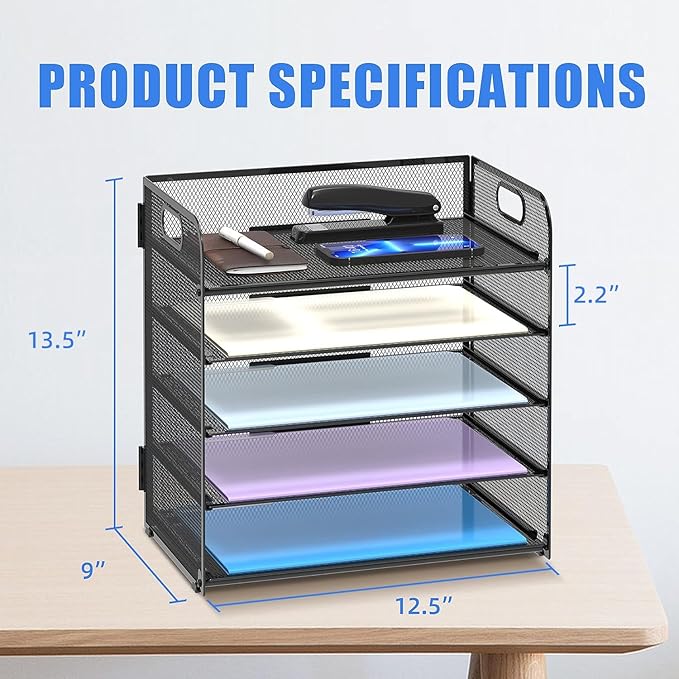 2 Pack 5-Tier Desk Organizer with Handle Mesh Desk File/Paper Organizer Letter Tray for Office, School and Home Easy Installation,Black