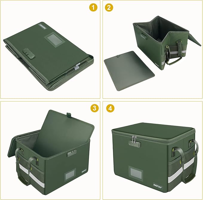 ENGPOW File Box with Lock,Fireproof Document Box with Pockets,Collapsible File Storage Organizer Filing Cabinet with Handle,Portable Home Office Safe for Hanging Letter/Legal Folders,2 Pack(Green)