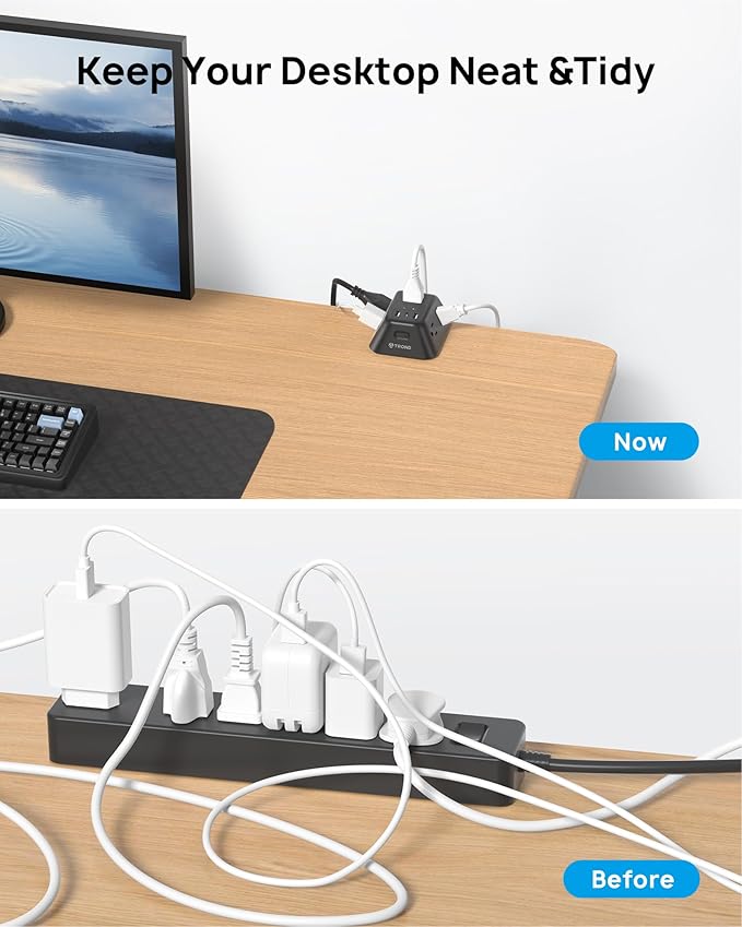 Desk Clamp Power Strip, Surge Protector with 5 AC Outlets and 3 USB Ports, Desk Mount Charging Station, Fit 1.97in Tabletop Edge Thick, 10FT Extension Cord, for Home Office Gaming Accessories