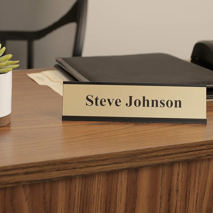 ExcelMark 2" x 8" Aluminum Name Plate Holder for Desk - Office Business Door Sign Holder - Black