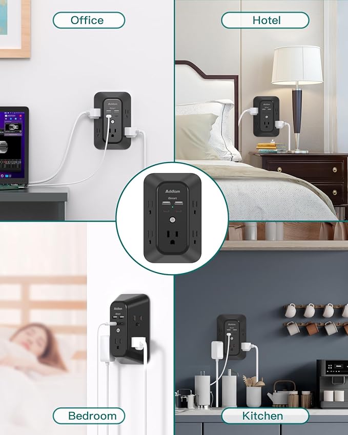 Outlet Extender Surge Protector - Addtam 5-Outlet Splitter with 4 USB Wall Charger(PD 30W), Multi Plug Wall Outlet Power Strip for Home, Black