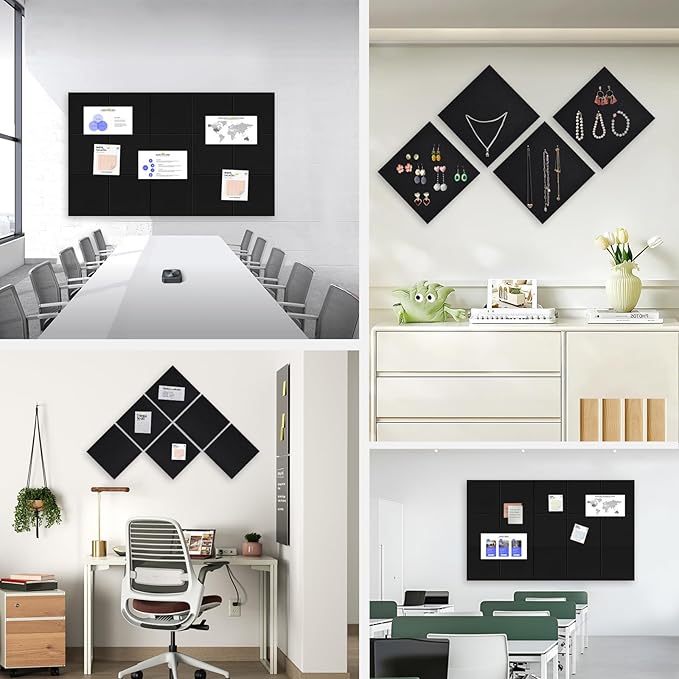Large Cork Board for Office Wall Decor,36"x24"-6 Pack Felt Wall Tiles with 35 Push Pins, Thicker 0.47in, Felt Bulletin Board Pin Board Cork Boards for Walls - Black