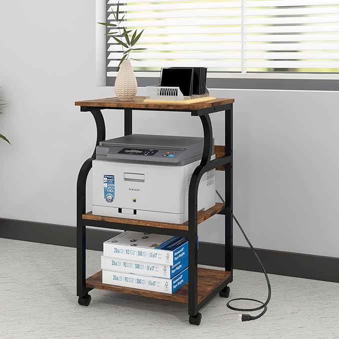 Natwind 3 Tier Printer Stand,Printer Table with Adjustable Storage Shelf, Rolling Printer Cart with Wheels for Home Office Organization,Multifunctional Shelves for Heat Press,3D Printer (Retro)