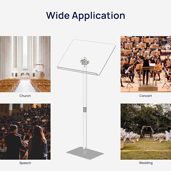HMYHUM Acrylic Podium Stand, Angle Adjustable, Modern Lecterns & Pulpits for Classroom, Concert, Church, Speech, Easy Assembly, Metal Base, 23.6" L x 15.7" W x 42.3" H, Clear