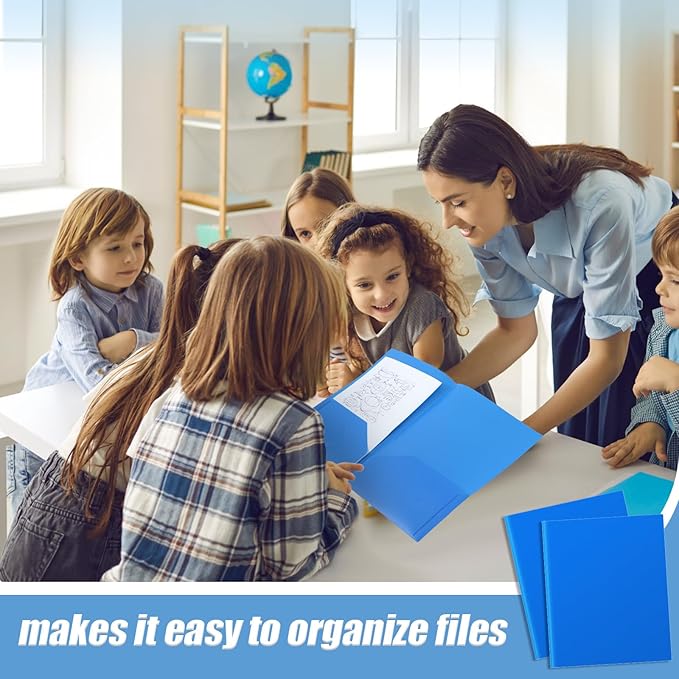 Gueevin 50 Pcs Plastic Folders with Pockets, Two Pocket Folder Fit Letter Size, Heavy Duty School Business Card Holder for Home Office School Bussiness, 11.61 x 9.45 Inches (Blue)