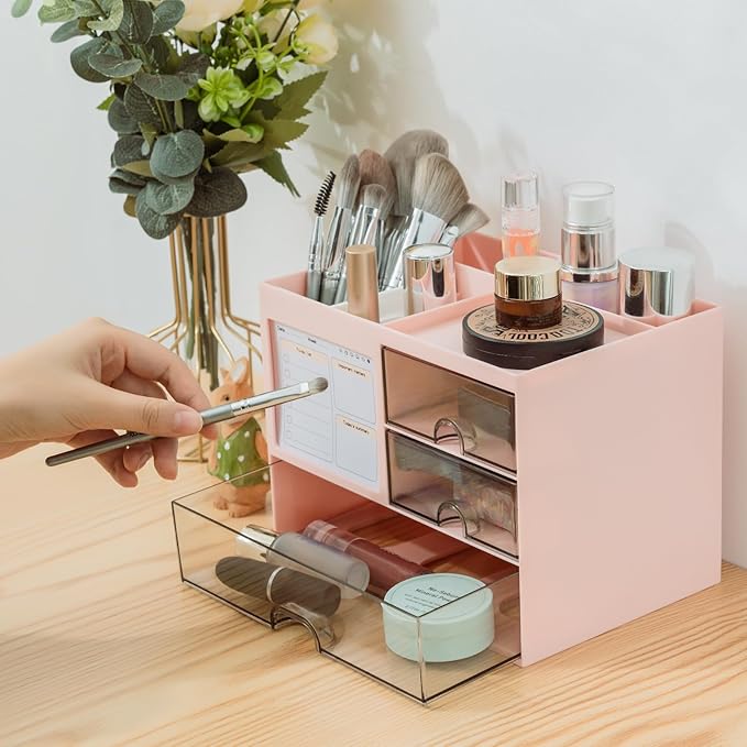 Desk Organizer with 3 Drawer, Multi-Functional Pencil Pen Holder for Desk, Desk Organizers and Storage with 8 Compartments, Desktop Organizer for Office Home Art Supplies (Pink)