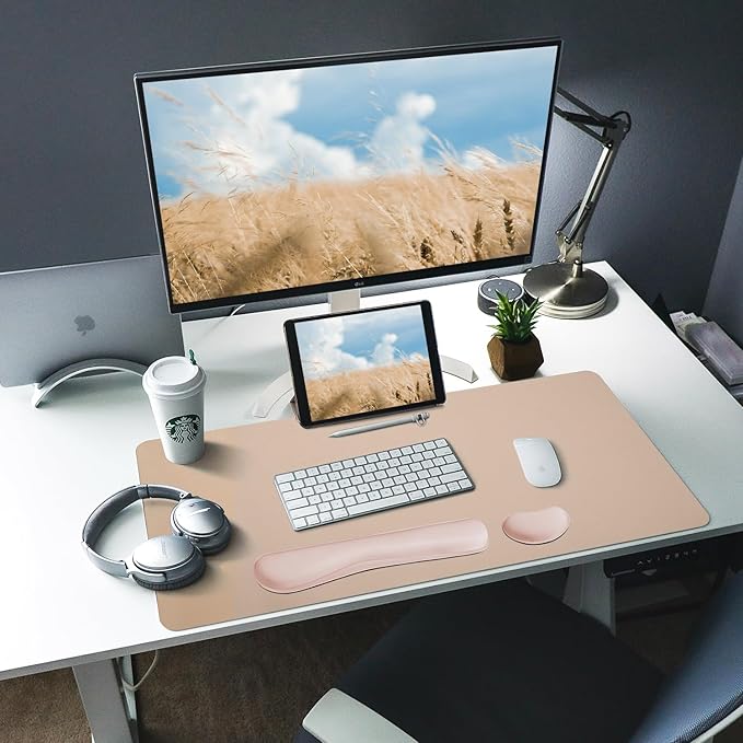 Bloss Leather Desk Pad and Keyboard Wrist Rest, Large Mouse Pad + Keyboard Pad+Mouse Wrist Support, Non-Slip Desk Mat Protector for Office, Home (35.4×15.7 Inches,Beige)