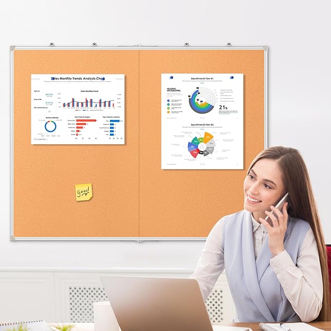 DOLLAR BOSS Foldable Cork Board, 48 x 36 Inch Corkboard, Extra Large Bulletin Board, Portable Double sided Aluminum Frame Wall Mounted Pin Board for Office School Supplies Dorm Decor with 20 Push Pins
