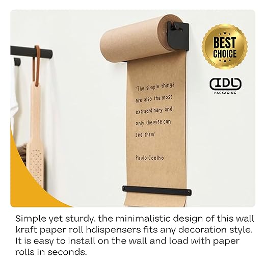 IDL Packaging 18" Wall Mounted Kraft Paper Roll Dispenser & Cutter for Rolls up to 18" Wide and 9" in Diameter - Durable Paper Holder with a Serrated Blade - Wall Mount Set Included