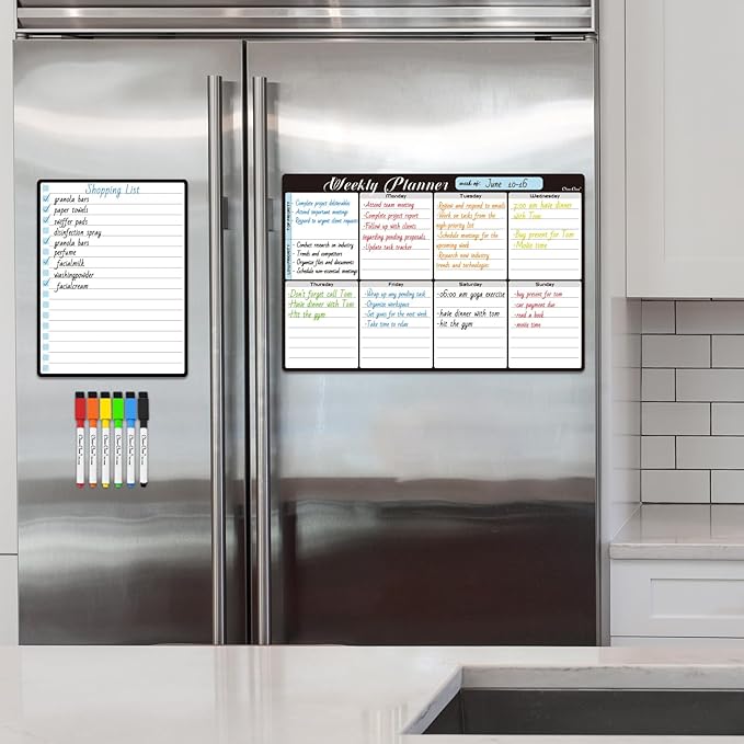 Magnetic Dry Erase Weekly Calendar - 8.5"x13" Weekly Calendar for Fridge - 6.5"x8.5" List Board and 6 Extra Fine Point Markers Included - Shipped Flat