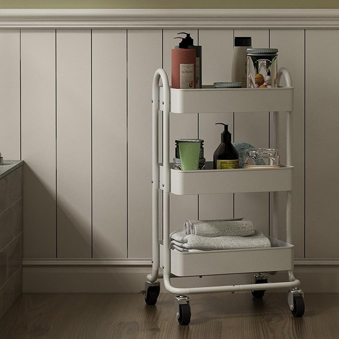 3-Tier Rolling Cart,Metal Rolling Utility Cart with Handle,Steel Multifunction Carts with Wheels,Kitchen Storage Carts Suitable for Office,Home,Kitchen,Garden๏ผ13.4"x18.1"x31"๏ผ White