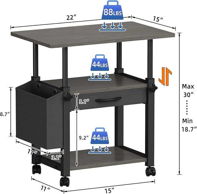 22"x15" Large Printer Stand with Storage Drawer and Side Bag, 3-Tier Height Adjustbale Printer Cart for Home Office, Rolling Printer Table fit Heat Press/Laser printer/3D Printer(Grey)