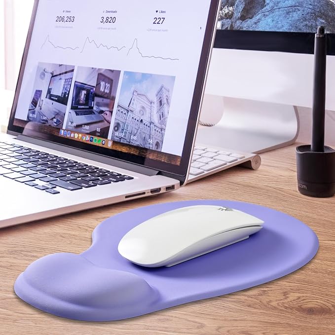 JIKIOU Mouse Pad, 2 Pack Ergonomic Mouse Pads with Comfortable Gel Wrist Rest Support and Lycra Cloth, Non-Slip PU Base for Easy Typing Pain Relief Durable and Easy to Clean Small Purple