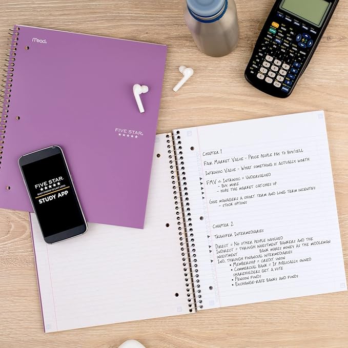 Five Star Spiral Notebooks + Study App, 4 Pack, 1 Subject, College Ruled Paper, 8-1/2" x 11", 100 Sheets, Purple, Pink, White, Green (820337-ECM)