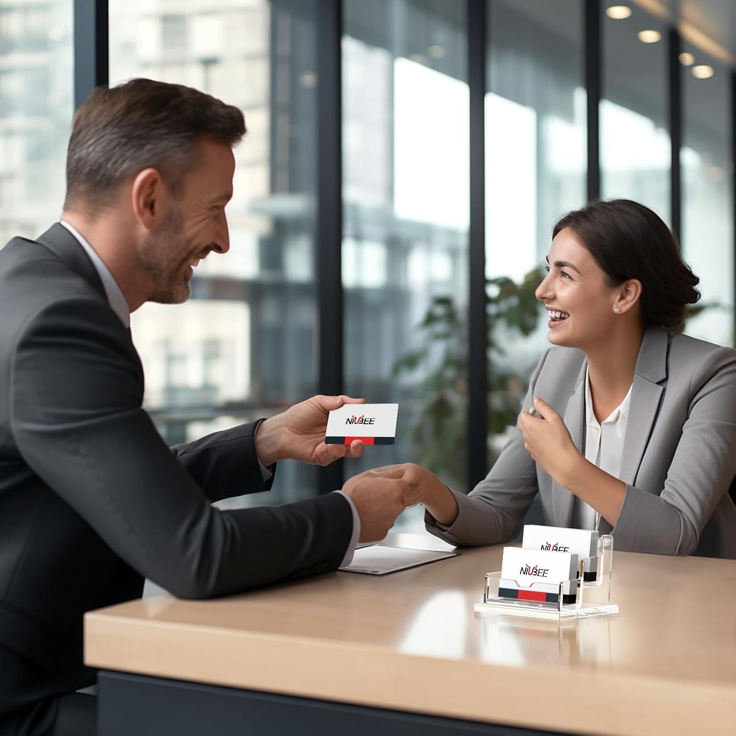 NIUBEE Clear Business Card Holder 2 Tier Acrylic Business Card Stand, 2 Slots Business Card Display for Desk Counter, 150 Card Capacity, 1 Pack