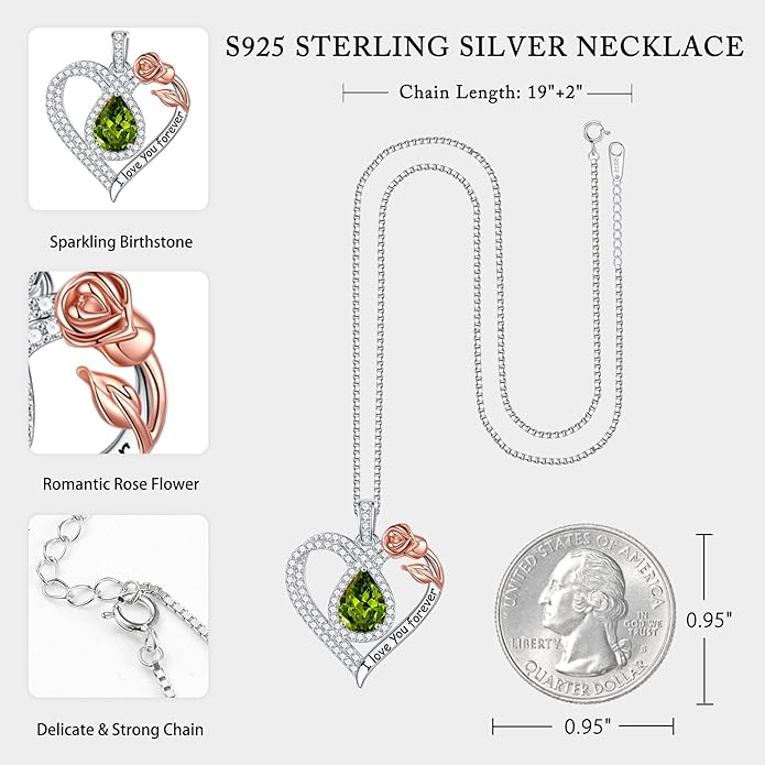 Hidepoo Christmas Gifts for Women Mom Wife - Sterling Silver Rose Heart Birthstone Necklace I Love You Forever Heart Pendant Teardrop Necklace Jewelry Anniversary Valentines Christmas Birthday Gifts