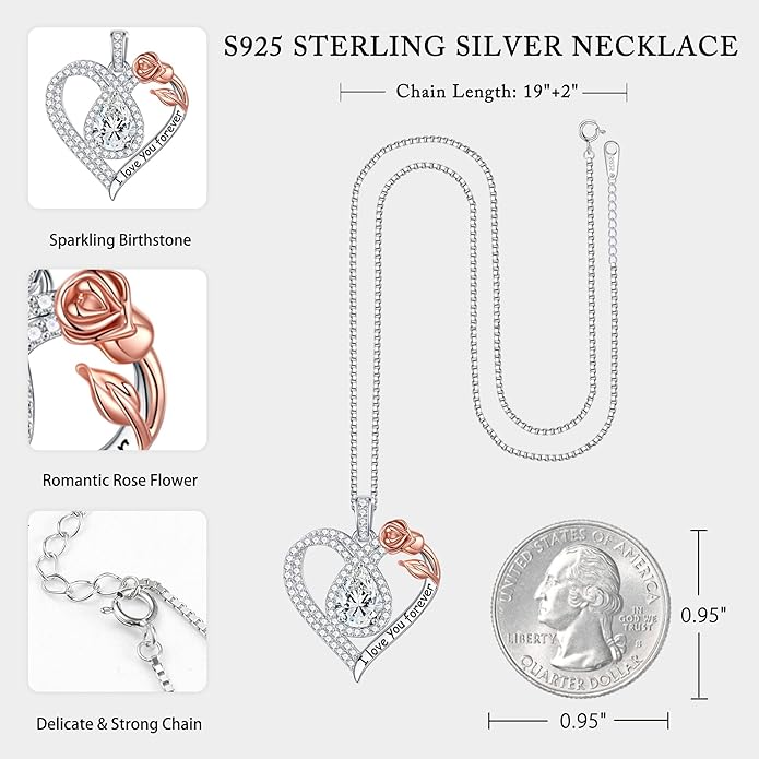 Hidepoo Christmas Gifts for Women Mom Wife - Sterling Silver Rose Heart Birthstone Necklace I Love You Forever Heart Pendant Teardrop Necklace Jewelry Anniversary Valentines Christmas Birthday Gifts