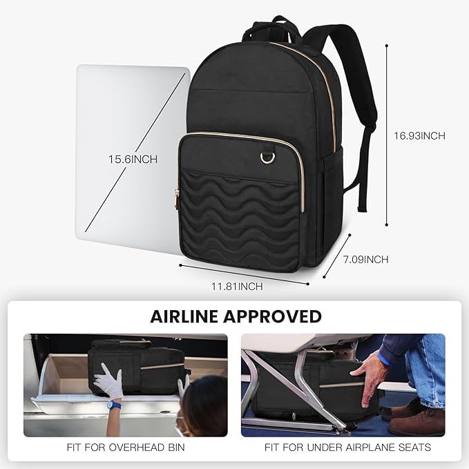 Travel Laptop Backpack for women, Work Backpack Woman with USB Charging Port, Water Resistant College Backpack, Stylish Quilted Girls Backpack Casual Daypack for 15.6 Inch Laptop, Black