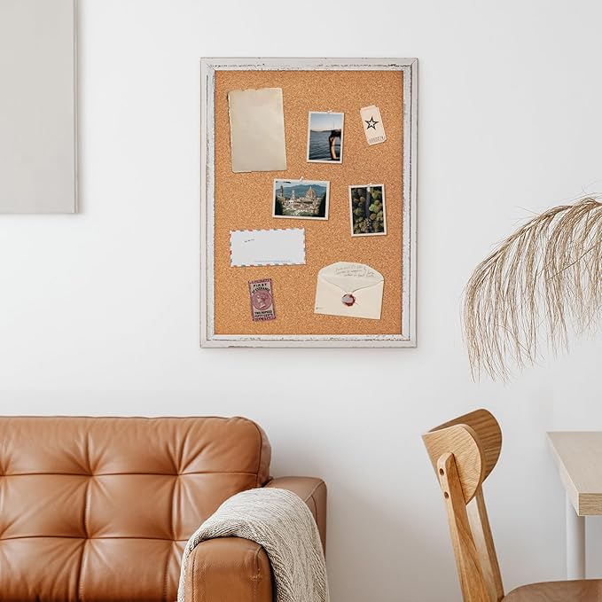 DOLLAR BOSS White Cork Board - 36 X 24 Inches, Rustic Wooden Frame, Decorative Vintage Hanging Pin Board for Office & Home Decor