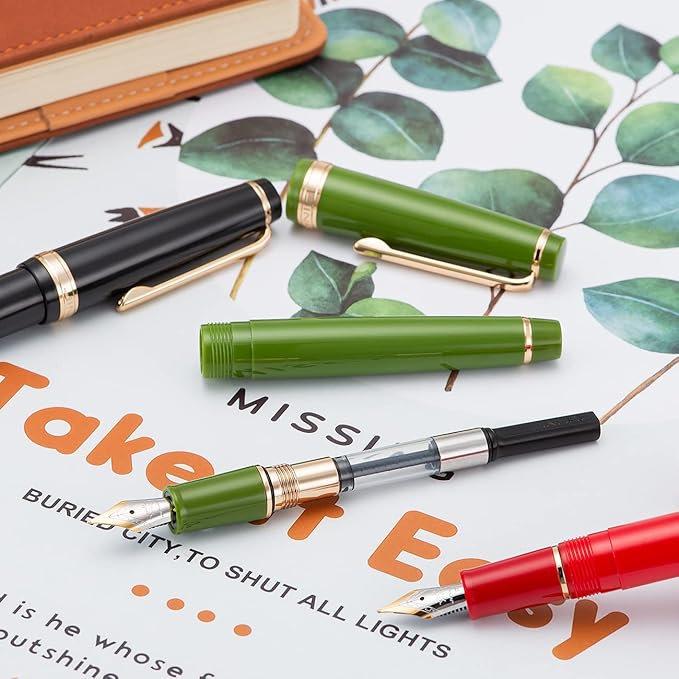 Jinhao 82 Avocado Green Acrylic Fountain Pen, Iridium Bent Nib Classic Design Smooth Writing Pen with Ink Converter (Gold Trim)