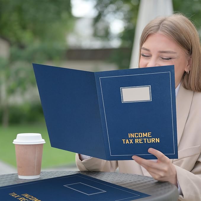Kisston 50 Pcs Tax Return Folders Bulk 2 Pocket Gold Foil Stamped Income Tax Folders with Blank Labels Business File Office Organizer (Blue)