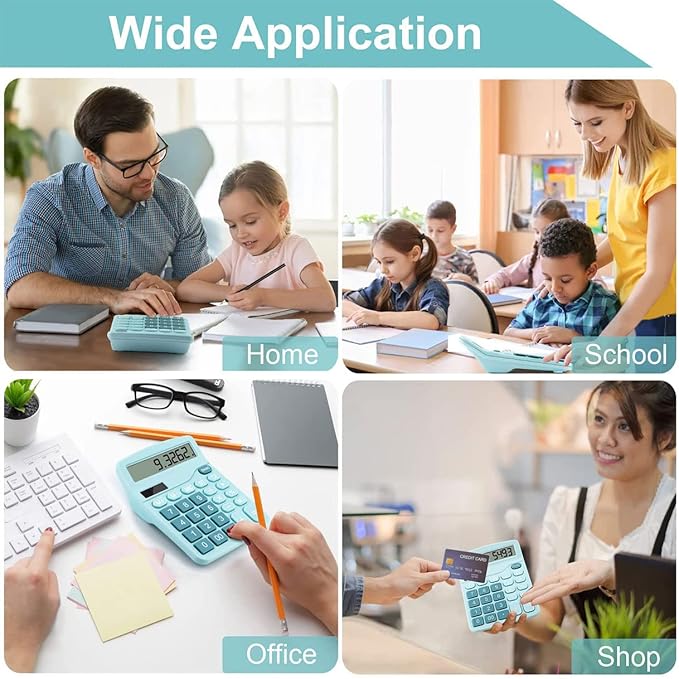 Office Calculators Desktop, 12-Digit Dual Power Cute Calculator with Large LCD Display Big Button for Office Home and School (Blue)