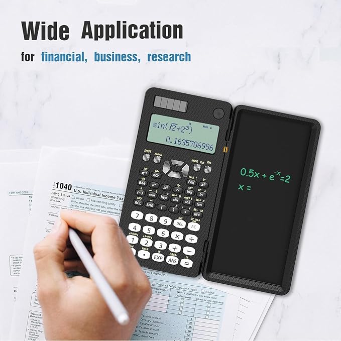Scientific Calculator for School with Notepad, ROATEE Middle and High School Supplies for Students, 82 MS Foldable 2-Line Display Science Calculator with Writing Tablet, Solar and Battery Powered