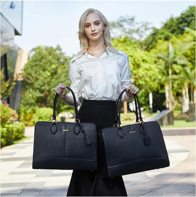 LOVEVOOK Laptop Bag for Women, Work Tote Bags 17.3 inch Computer Bags for Laptops for Women Purse, Large Vintage PU Leather Waterproof Business Office Briefcase, Black