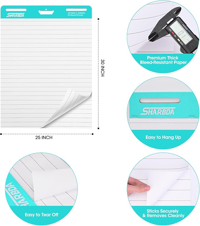 Lined Sticky Easel Pad, 25 in x 30 in,Flip Chart Paper,Sticky Chart Paper for Teachers, Large Self-Stick Easel Paper,Super Sticky & Bleed-Resistant,30 Sheets/Pad,4 Pads