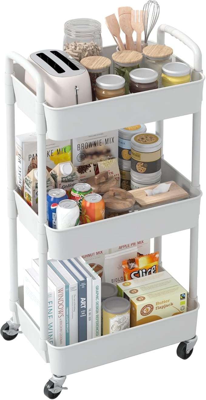 Sywhitta 3-Tier Plastic Rolling Utility Cart with Handle, Multi-Functional Storage Trolley for Office, Living Room, Kitchen, Movable Storage Organizer with Wheels, White