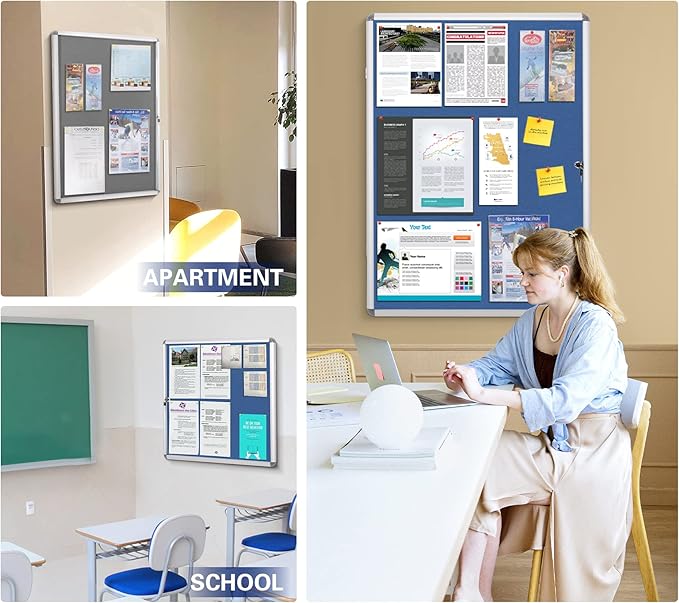 SWANCROWN Enclosed Bulletin Pin Fabric Boards Tamperproof Notice Case for Message Memo Photo,Grey,28x26inch (6xA4)