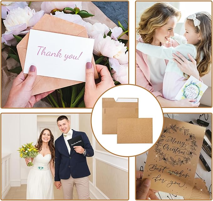 100 Packs Brown Single Panel Blank Greeting Cards and Envelopes 4.25 x 5.5 Heavyweight Flat Cardstock and A2 Envelopes Printable Self Seal for Graduations, Wedding, Thank You Cards