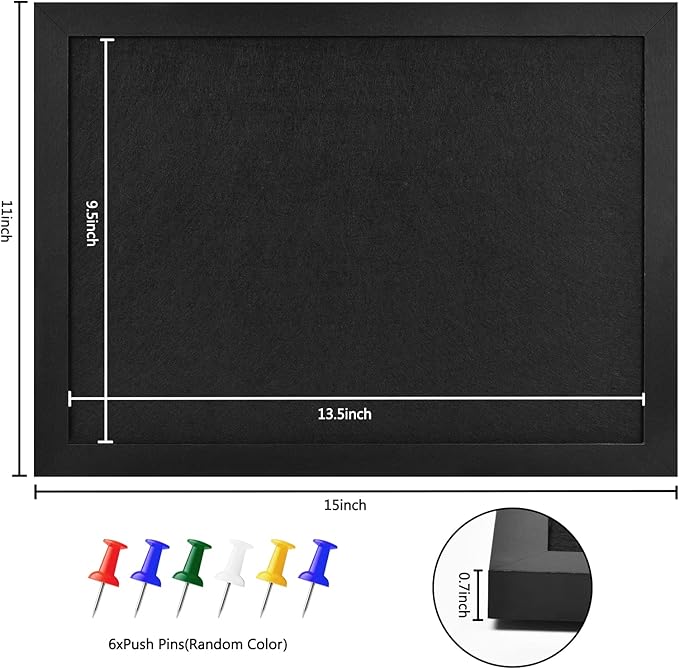 Cork Board Bulletin Board Wood Framed Display with Felt, Pin Board for Jewelry, Notes, Memos, Photos, Home, Kitchen, Office, School, Wall, 15"x11", Wood Framed(Black) & Felt(Grey)