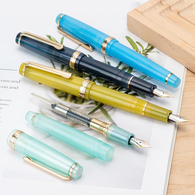 Jinhao 82 Acrylic Fountain Pen, Iridium Extra Fine Nib with Ink Converter, Transparent Lake Blue Classic Design Smooth Writing Pen (Gold Trim)