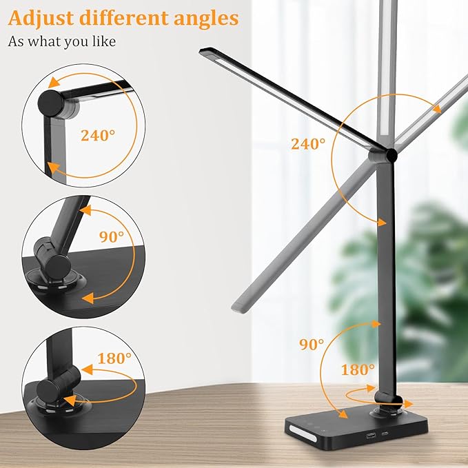 LED Desk Lamp with USB Ports,Touch Desk Lamps for Home Office with 5 Color Modes,3 Brightness Desk Light with Small Night Light,Reading Lamp Table Lamp for Bedroom Bedside Study Black (with adapter)
