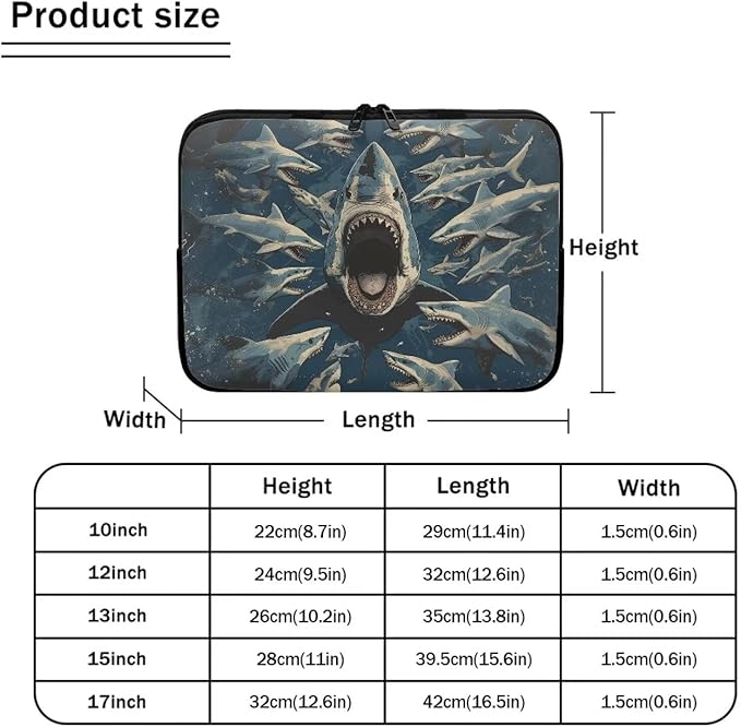 Shark Print Laptop Briefcases for Men Women, Lightweight Laptop Sleeve Case Water Resistant Neoprene Computer Carrying Cover 13 Inch Laptop Carrying Bag