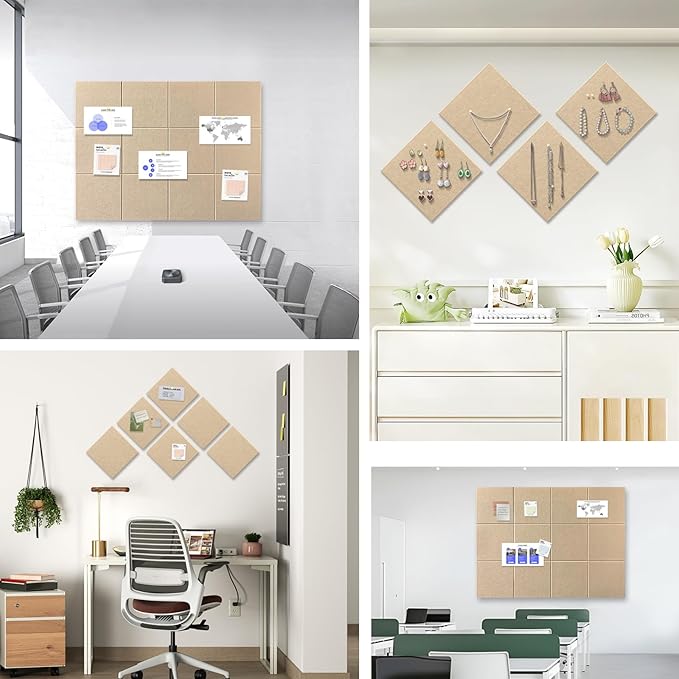 Large Cork Board for Office Wall Decor,36"x24"-6 Pack Felt Wall Tiles with 35 Push Pins, Thicker 0.47in, Felt Bulletin Board Pin Board Cork Boards for Walls - Khaki
