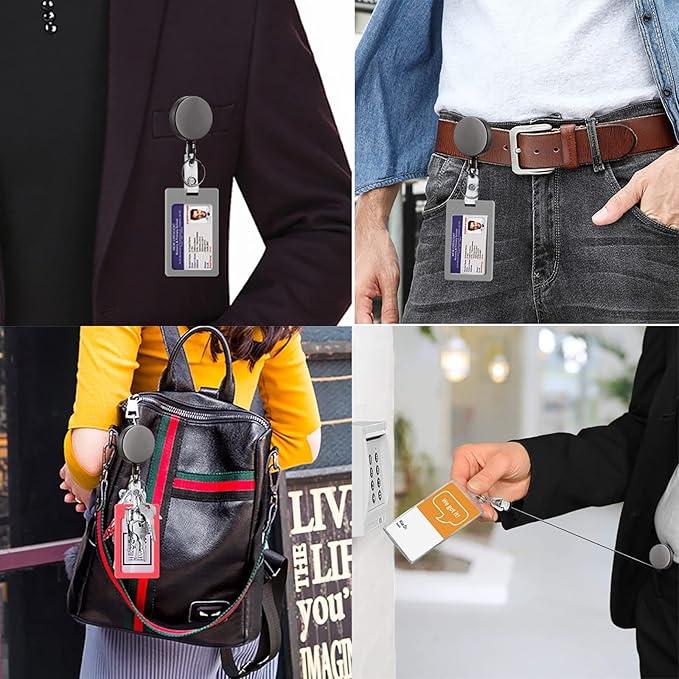 Will Well ID Badge Holder Reel with Clip and Keyring - Heavy-Duty All-Metal Casing with 27.5" UHMWPE Fiber Pull Cord for Durability and Easy Access, Holds up to 8 Keys - 2-Pack, Round, Glossy Black