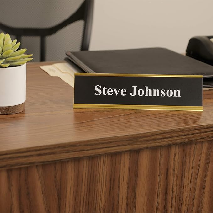 ExcelMark 2" x 8" Aluminum Name Plate Holder for Desk - Office Business Door Sign Holder - Gold