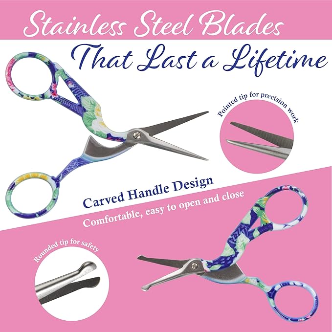 Stork Bird Rounded Safety Tip Embroidery Craft Stainless Steel Crane Scissors - Blue - 20 Pairs