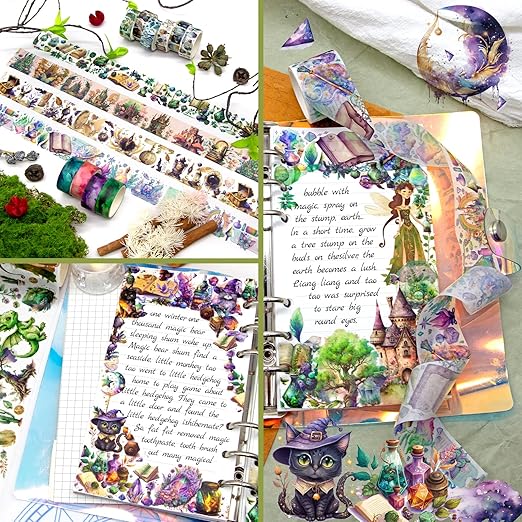 Washi Tape Set 23 Rolls, Magic & Fairy Themed Scrapbook Tape for Bullet Journal Set, Colored Masking Tape for Scrapbooking Supplies, Junk Journaling, DIY Craft (Dragons/Cats/Castles)