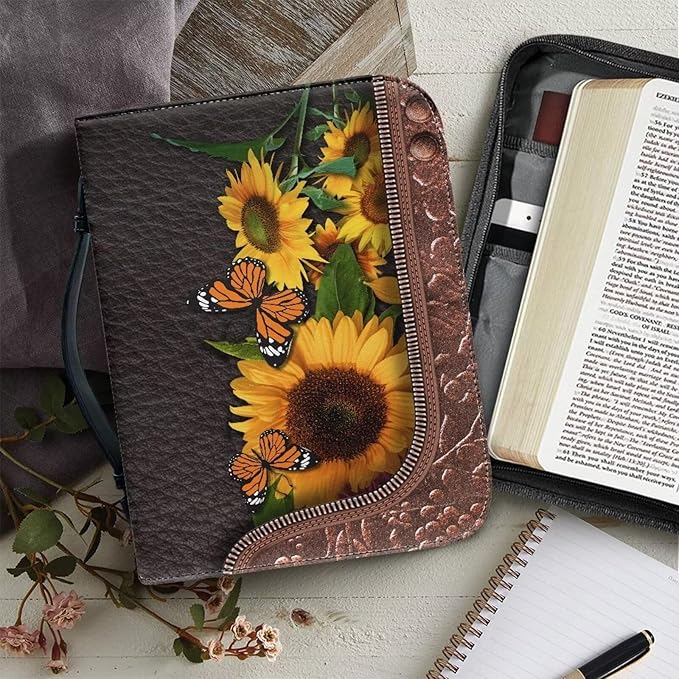Lotusorchid Bible Covers for Women Men PU Leather Bible Case, Portable Sunflower Butterfly Bible Bag Tote Book Carrying Case Christian Bible Accessories with Handle Pocket, Brown,L
