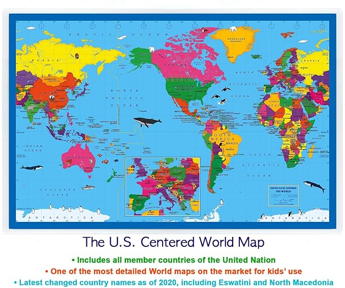 2-Sided Desk Map with Durable Lamination (2 Children's Desk Maps: US Map/US Centered World Map)