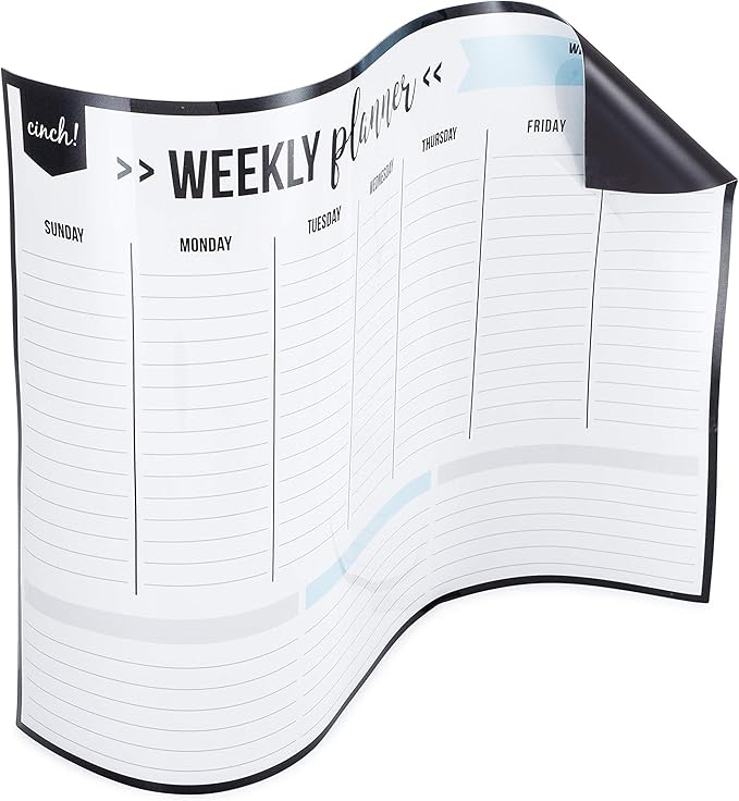 Cinch! 19x13-Inch Magnetic Whiteboard for Fridge - Weekly Calendar and Meal Planner - Stain Resistant Dry Erase Board with 4 Fine Tip Markers and Eraser - Magnetic Weekly Planner for Easy Scheduling