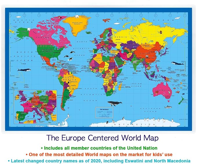 2-Sided Desk Map with Durable Lamination (2 Children's Desk Maps: US Map/Europe Centered World Map)