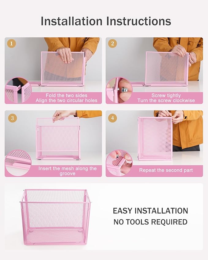 Oterri Hanging File Organizer, Metal File Organizer, Portable Desktop File Organizer for Letter Size Folder, Mesh Hanging File Crate for Office,Folders Not Included(Fairy Pink,2 Pack)