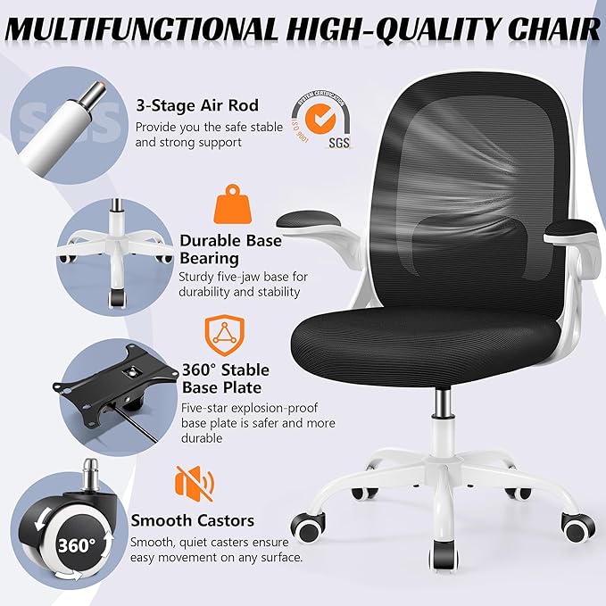 Office Chair Ergonomic Desk Chair with Adjustable 3D Lumbar Support and Height, Comfy Mesh Computer Chair with Flip-up Armrests, Swivel Rolling Task Chair with Wheels for Home Office (White)