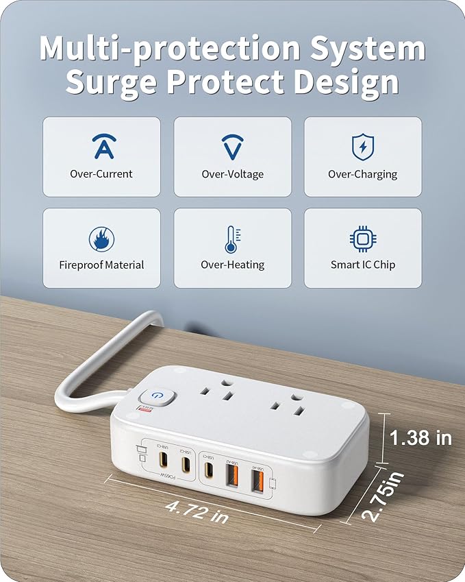 Power Strip with USB Ports, 65W USB C Charger for Laptop 5FT Flat Extension Cord Outlet Extender with 2 AC Outlets, 3 USB C Ports, 2 USB A Ports, Surge Protector Desktop USB Charging Station