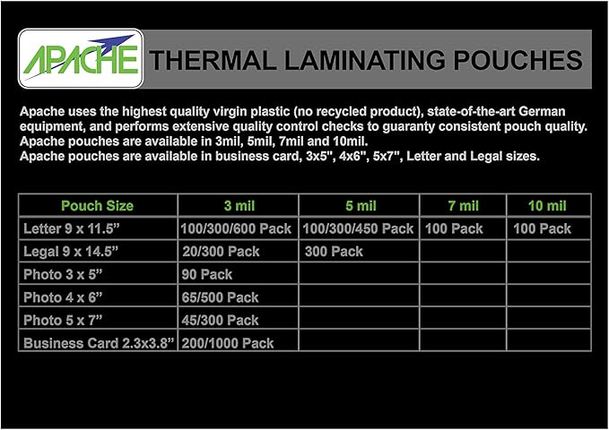 Apache Laminating Pouches 3 mil, for 8.5 x 11 inch Letter Size Paper 9 x 11.5 inch Sheets, 100 Pack