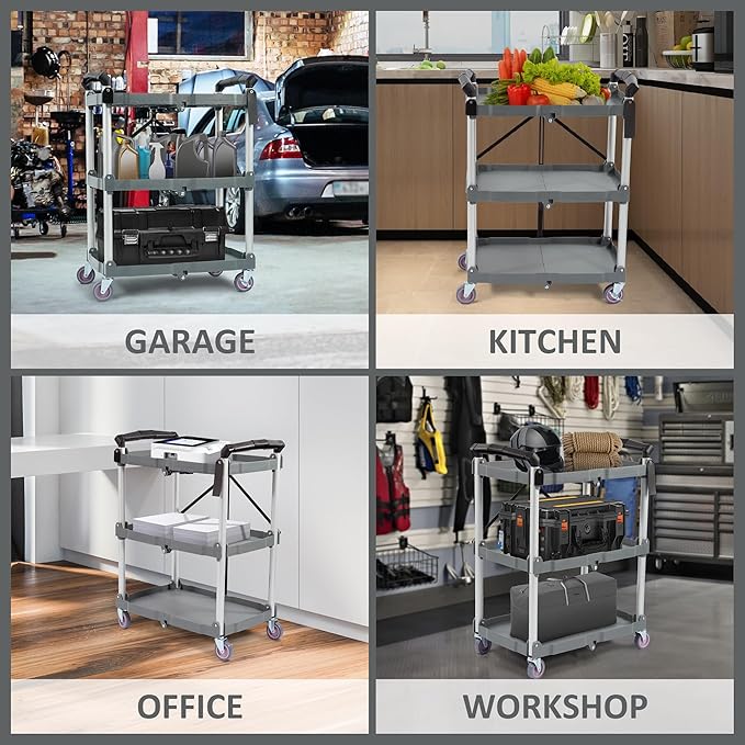 ELEVON Portable Folding Collapsible Service Cart Foldable Service Cart 3 Tier Collapsible Push Cart Folding Utility Carts with Wheels for Office Warehouse Home, Black